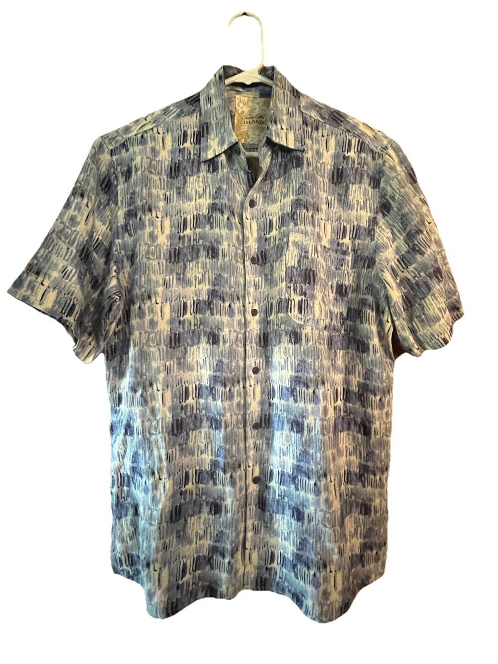 Tasso Elba Mens Small Blue Pattern Short Sleeve Button Up Silk Blend Pocket